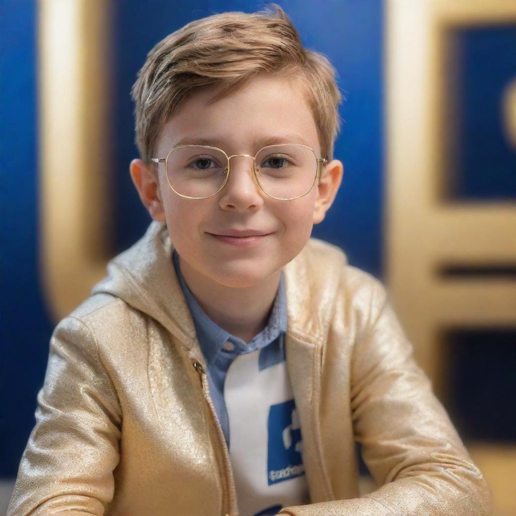 A stylish young boy in clear glasses and a golden jacket, seated on a 3D Facebook logo. Background displays a 3D mock-up of his Facebook profile page with 'Your Name' as the profile name, the same profile picture and soft light reflections in 32K UHD HDR.