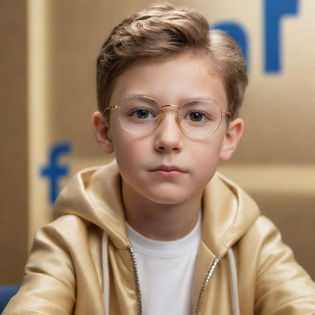 A stylish young boy in clear glasses and a golden jacket, seated on a 3D Facebook logo. Background displays a 3D mock-up of his Facebook profile page with 'Your Name' as the profile name, the same profile picture and soft light reflections in 32K UHD HDR.