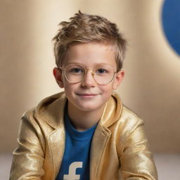 A stylish young boy in clear glasses and a golden jacket, seated on a 3D Facebook logo. Background displays a 3D mock-up of his Facebook profile page with 'Your Name' as the profile name, the same profile picture and soft light reflections in 32K UHD HDR.