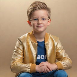 A stylish young boy in clear glasses and a golden jacket, seated on a 3D Facebook logo. Background displays a 3D mock-up of his Facebook profile page with 'Your Name' as the profile name, the same profile picture and soft light reflections in 32K UHD HDR.