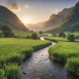 A beautiful landscape depicting a serene sunrise over a lush green valley with a crystal clear river flowing through.