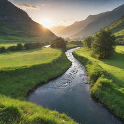 A beautiful landscape depicting a serene sunrise over a lush green valley with a crystal clear river flowing through.