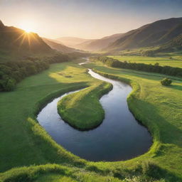 A beautiful landscape depicting a serene sunrise over a lush green valley with a crystal clear river flowing through.