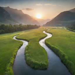 A beautiful landscape depicting a serene sunrise over a lush green valley with a crystal clear river flowing through.