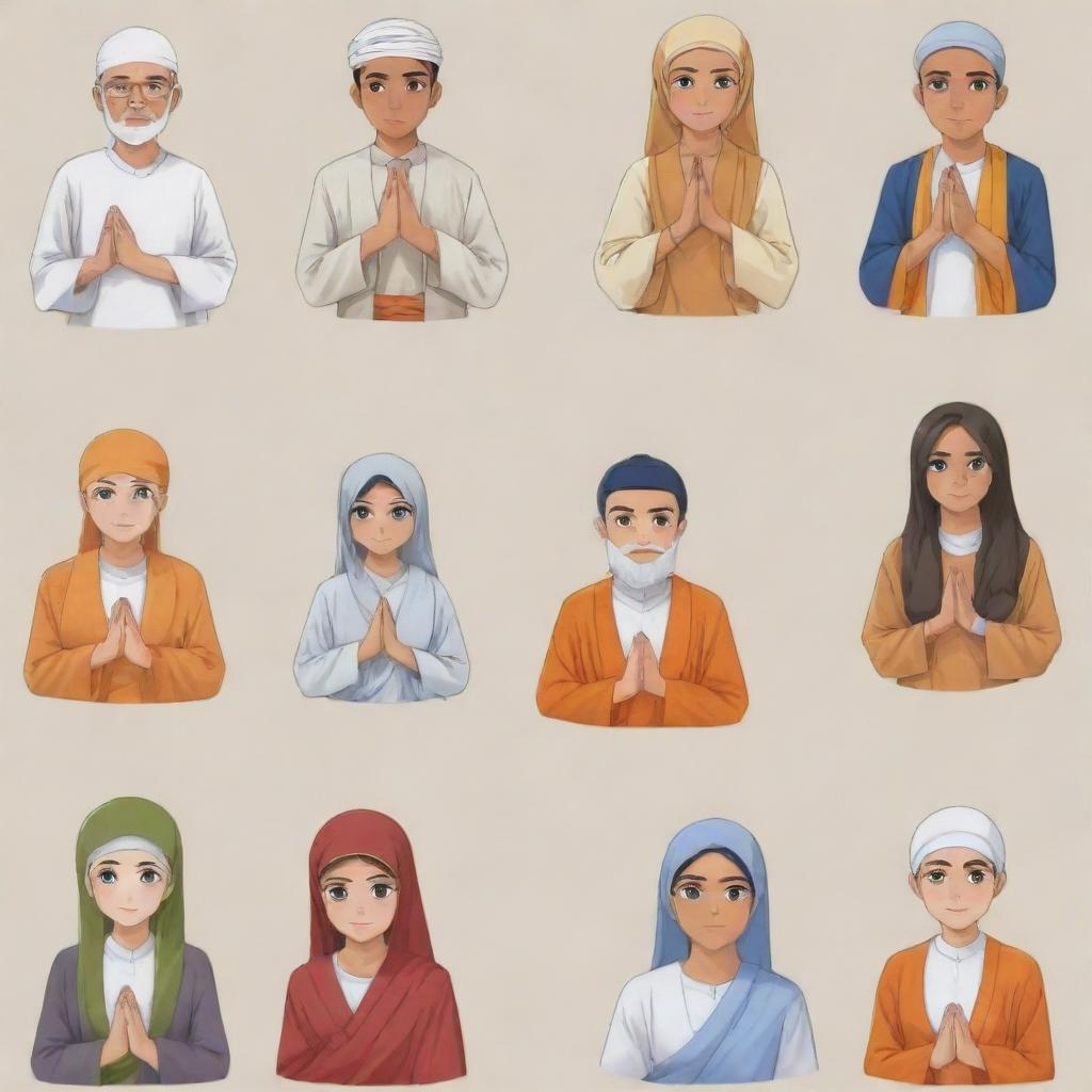 Generate adult anime characters representing Islam, Christianity, Hinduism, Catholicism, and Buddhism in a harmonious gathering, each displaying symbols or attire related to their respective religions