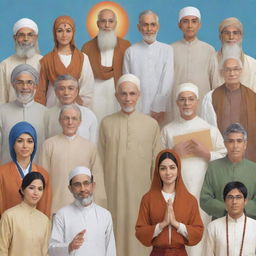 Generate adult anime characters representing Islam, Christianity, Hinduism, Catholicism, and Buddhism in a harmonious gathering, each displaying symbols or attire related to their respective religions