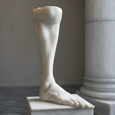 The sculpture depicted a human leg with a prominent tibia, beautifully crafted out of marble.