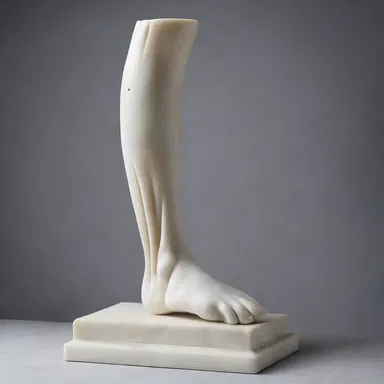 The sculpture depicted a human leg with a prominent tibia, beautifully crafted out of marble.