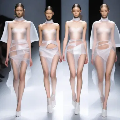 The designer's futuristic collection showcased skirts with transparent panels, exposing the tibias in an avant-garde way.