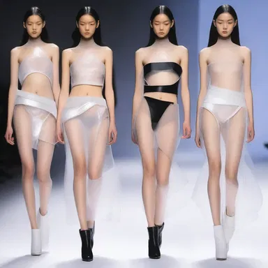 The designer's futuristic collection showcased skirts with transparent panels, exposing the tibias in an avant-garde way.