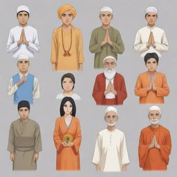 Generate adult anime characters representing Islam, Christianity, Hinduism, Catholicism, and Buddhism in a harmonious gathering, each displaying symbols or attire related to their respective religions