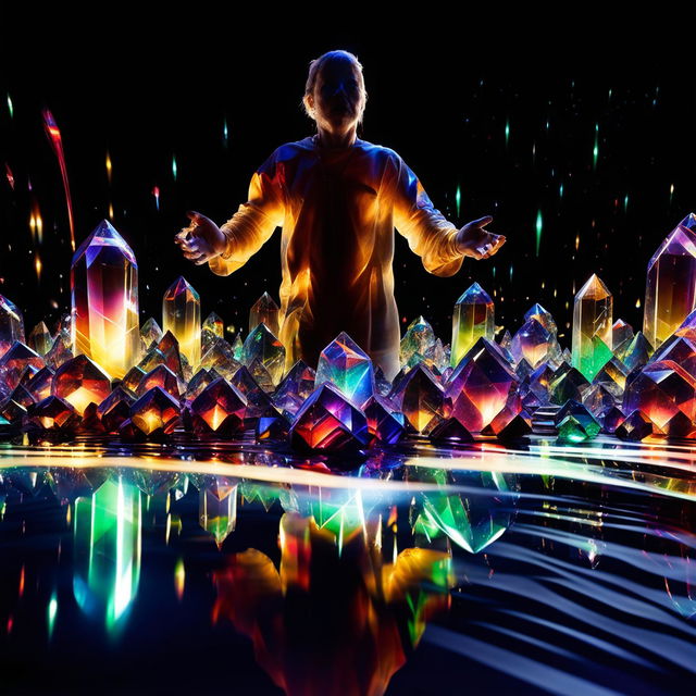 A photograph captures a figure surrounded by glowing energy crystals on a reflective surface, with visible mystical energy waves radiating from the crystals.