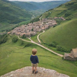 A small child standing on a hilltop looking down at his peaceful, rustic village nestled in a verdant valley below.