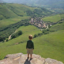 A small child standing on a hilltop looking down at his peaceful, rustic village nestled in a verdant valley below.