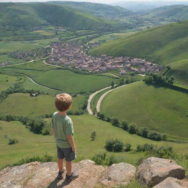 A small child standing on a hilltop looking down at his peaceful, rustic village nestled in a verdant valley below.