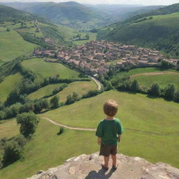 A small child standing on a hilltop looking down at his peaceful, rustic village nestled in a verdant valley below.