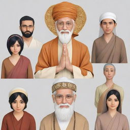 Generate adult anime characters representing Islam, Christianity, Hinduism, Catholicism, and Buddhism in a harmonious gathering, each displaying symbols or attire related to their respective religions