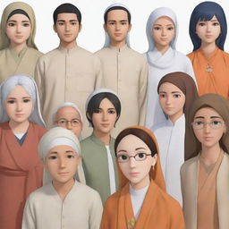 Generate adult anime characters representing Islam, Christianity, Hinduism, Catholicism, and Buddhism in a harmonious gathering, each displaying symbols or attire related to their respective religions