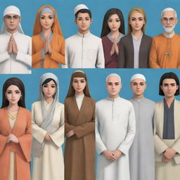 Generate adult anime characters representing Islam, Christianity, Hinduism, Catholicism, and Buddhism in a harmonious gathering, each displaying symbols or attire related to their respective religions