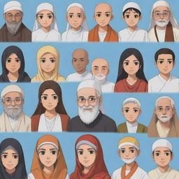 Generate adult anime characters representing Islam, Christianity, Hinduism, Catholicism, and Buddhism in a harmonious gathering, each displaying symbols or attire related to their respective religions