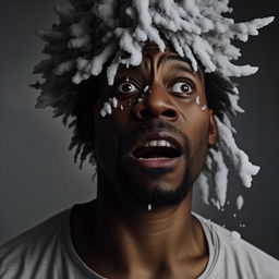 Revisit the image of the crazed man who has just seen a ghost, ensuring he is depicted as a black man with snow on his face