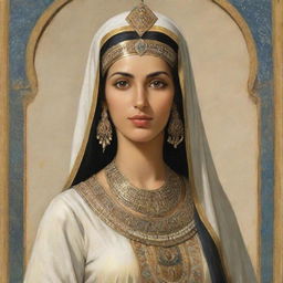 A historic depiction of Zulaikha during the time of Prophet Yousuf, wearing traditional Egyptian attire of the era, noticeable by her grace and beauty.