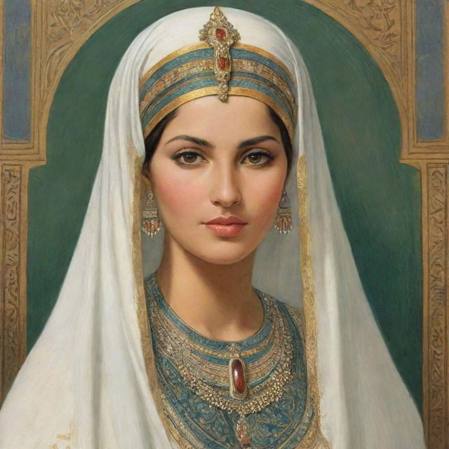 A historic depiction of Zulaikha during the time of Prophet Yousuf, wearing traditional Egyptian attire of the era, noticeable by her grace and beauty.