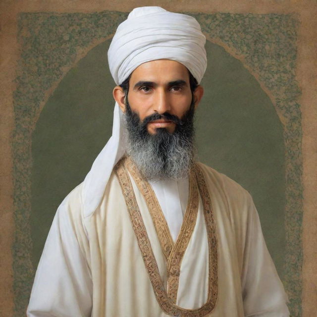 An artistic representation of Prophet Yousuf, depicted in traditional Middle Eastern clothing of his era, noted for his remarkable handsomeness and a tranquil aura.