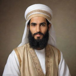 An artistic representation of Prophet Yousuf, depicted in traditional Middle Eastern clothing of his era, noted for his remarkable handsomeness and a tranquil aura.