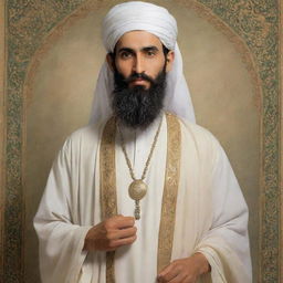 An artistic representation of Prophet Yousuf, depicted in traditional Middle Eastern clothing of his era, noted for his remarkable handsomeness and a tranquil aura.