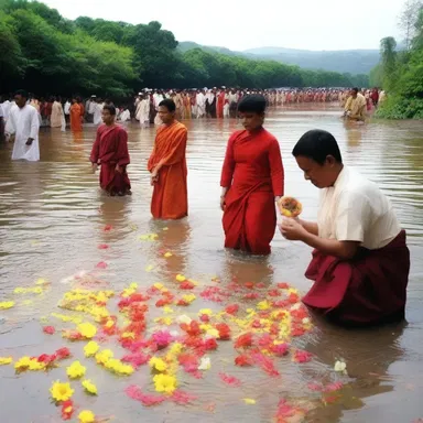 The ritual involved the extirpation of negative energy, as participants pulled flowers from the ground and released them into the flowing river.