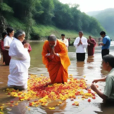 The ritual involved the extirpation of negative energy, as participants pulled flowers from the ground and released them into the flowing river.