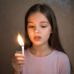 A girl blowing out a candle, with a slight smoke trail wafting up into the air from the extinguished flame.