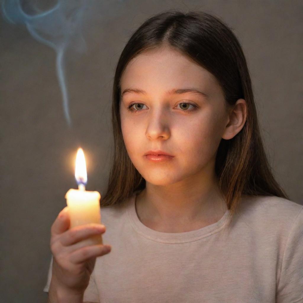 A girl blowing out a candle, with a slight smoke trail wafting up into the air from the extinguished flame.