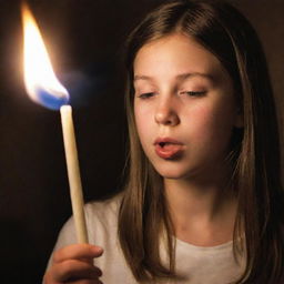 A girl blowing out a candle, with a slight smoke trail wafting up into the air from the extinguished flame.