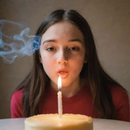 A girl blowing out a candle, with a slight smoke trail wafting up into the air from the extinguished flame.