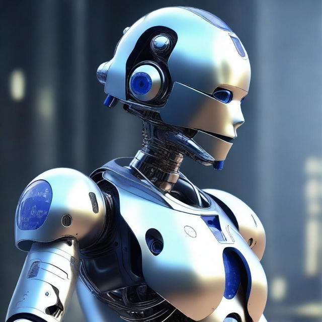 A high-definition digital art image presents a breathtakingly realistic, curvaceous female robot with human-like features