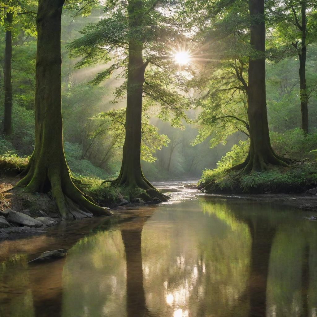 A verdant tree situated in a dense forest, with a serene river flowing gently beside it, reflecting sunlight in shimmering patterns