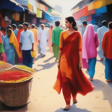 The painting depicted a woman wearing a vibrant salwar while walking through a bustling market.