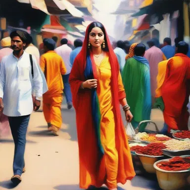 The painting depicted a woman wearing a vibrant salwar while walking through a bustling market.