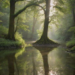 A verdant tree situated in a dense forest, with a serene river flowing gently beside it, reflecting sunlight in shimmering patterns