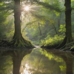 A verdant tree situated in a dense forest, with a serene river flowing gently beside it, reflecting sunlight in shimmering patterns