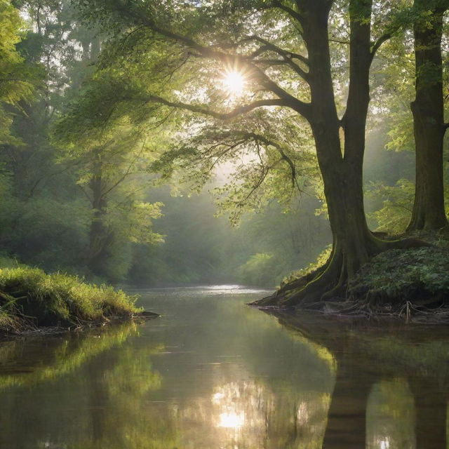 A verdant tree situated in a dense forest, with a serene river flowing gently beside it, reflecting sunlight in shimmering patterns