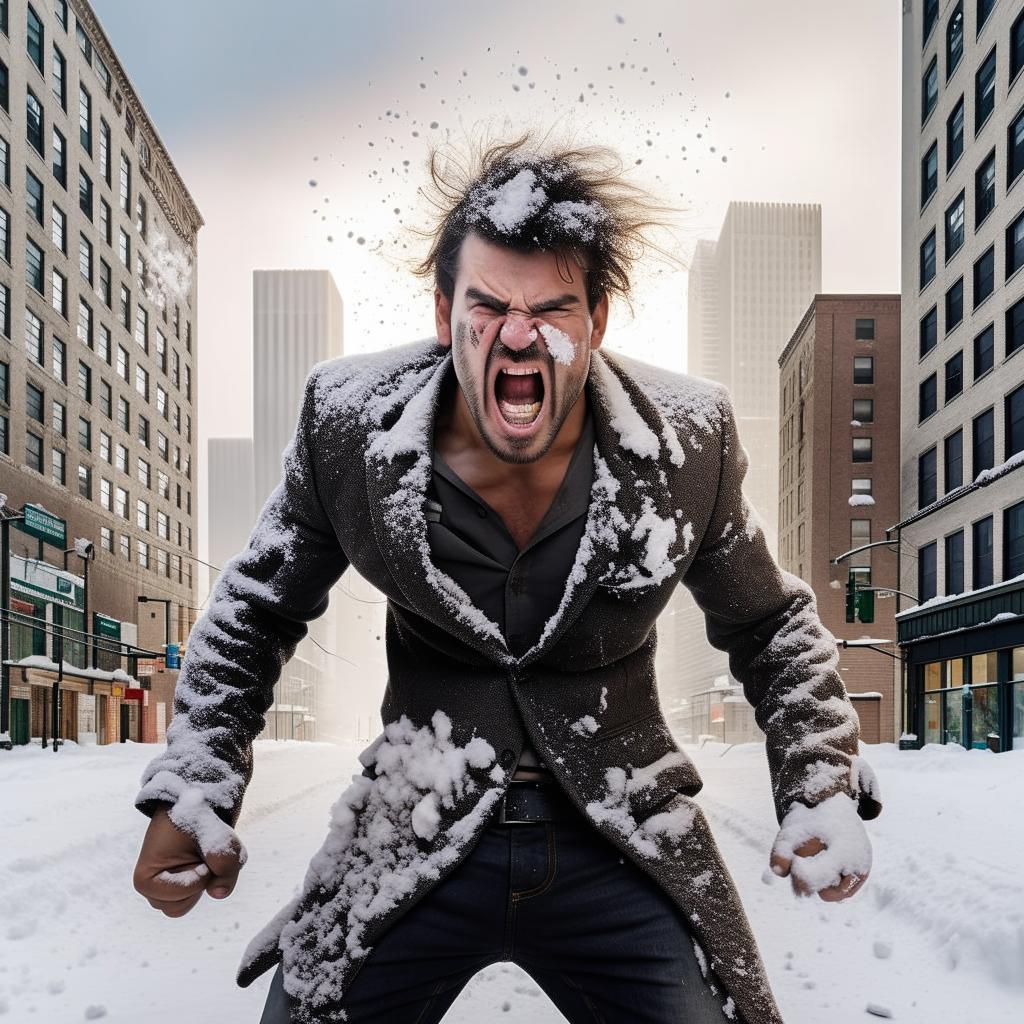 Transform the image of the man, making him appear anger with more snow on his face, set against the backdrop of Detroit city.