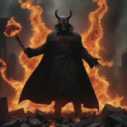 A menacing dark devil character ruling over a chaotic, dystopian world with fire and brimstones.