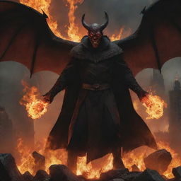 A menacing dark devil character ruling over a chaotic, dystopian world with fire and brimstones.