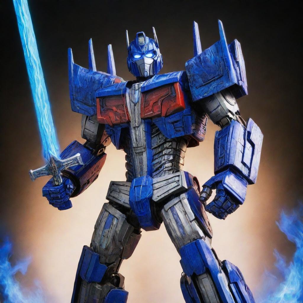 Optimus Prime, a towering and commanding robotic figure, boldly holding a sword engulfed in blue flames in front of his head.