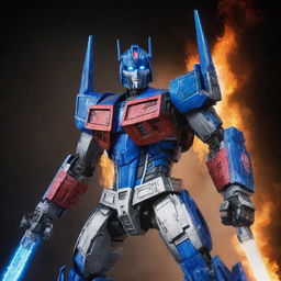 Optimus Prime, a towering and commanding robotic figure, boldly holding a sword engulfed in blue flames in front of his head.