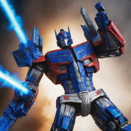 Optimus Prime, a towering and commanding robotic figure, boldly holding a sword engulfed in blue flames in front of his head.