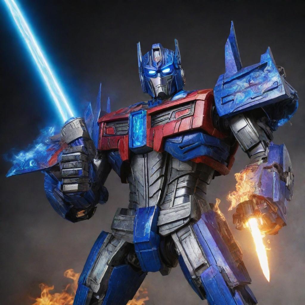 Optimus Prime, a towering and commanding robotic figure, boldly holding a sword engulfed in blue flames in front of his head.